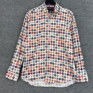 Guide London Shirt Mens L White Multicolor Vinyl Record Print Cotton Button Up